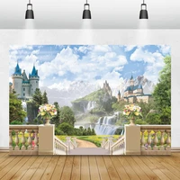 laeacco wedding backdrops spring landscape cloudy sky castle waterfall trees flower railing bridal shower photography background