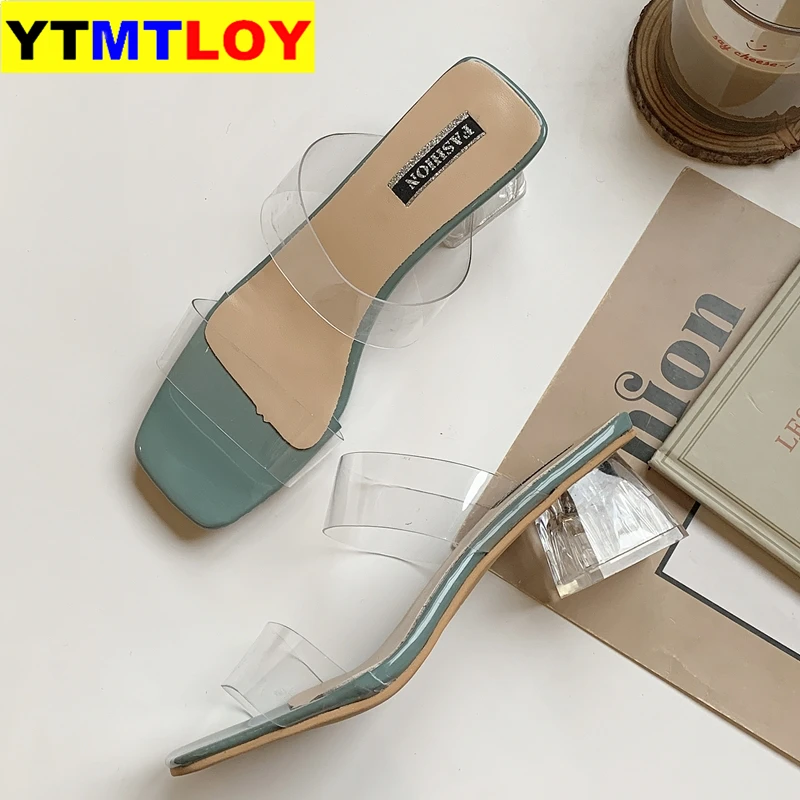 Прозрачные высокие каблуки женские сандалии шлепанцы Женская летняя обувь туфли