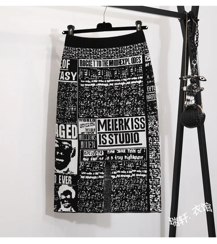 

Faldas Mujer Saia Midi Limited Acrylic Casual Print Lolita Skirts Long Skirt Woman Pattern Knit High Waist And Bag Hip Female