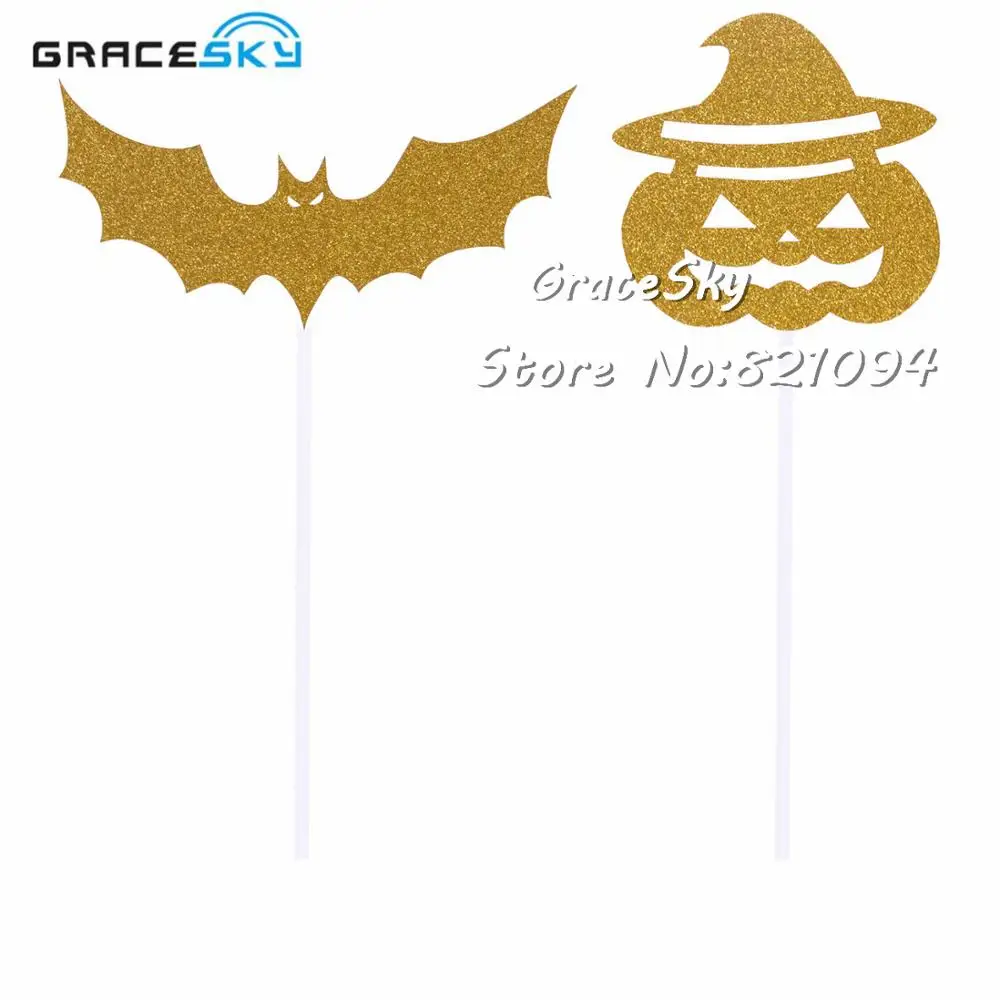 

12pcs free shipping Red Gold Black Glitter Bat Pumpkin design birthday Cakes Toppers Halloween Party Favors cupcake picks