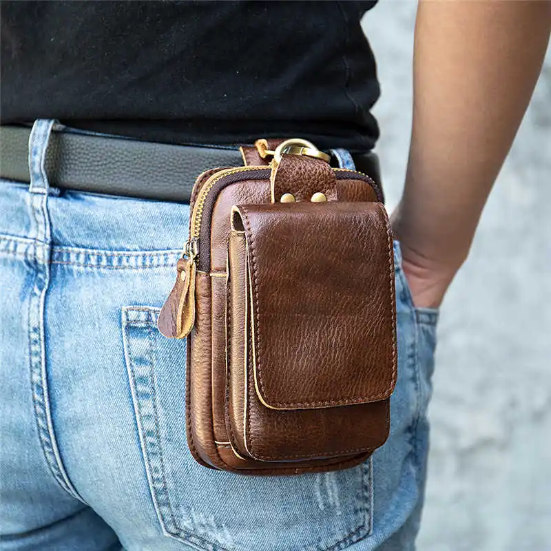 

Crazy Horse Leather Waist Packs Men Vintage Small Fanny Pack With Cigarette Case Belt Phone Bag Male Hook Loops Bum Bag