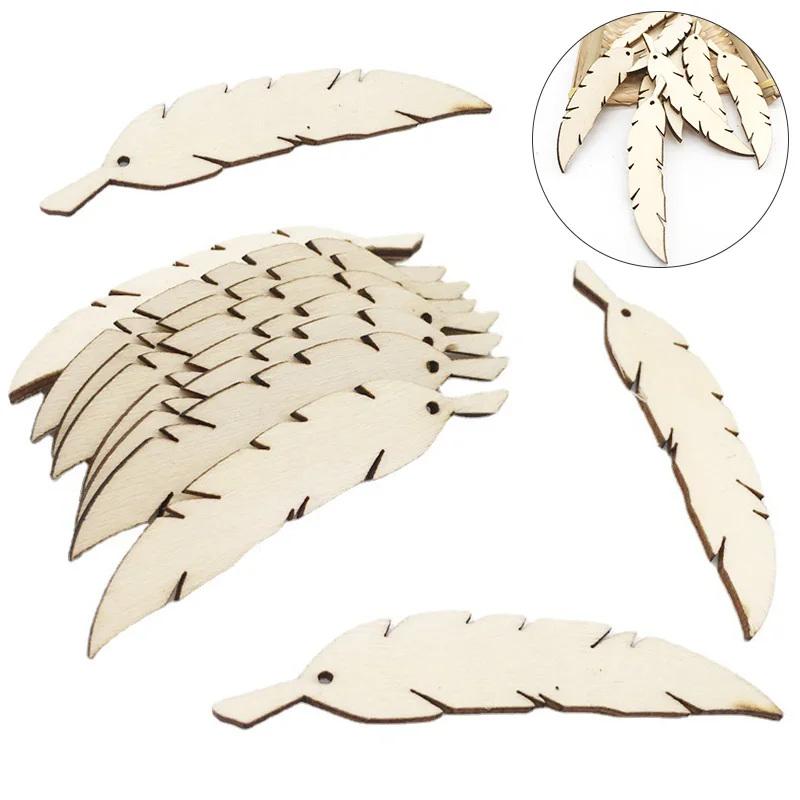 

50Pcs/pack Wooden Feather Pendant DIY Craft Wedding Decor Colored Drawing Wood Feather Pendant Ornament Blank Drawing