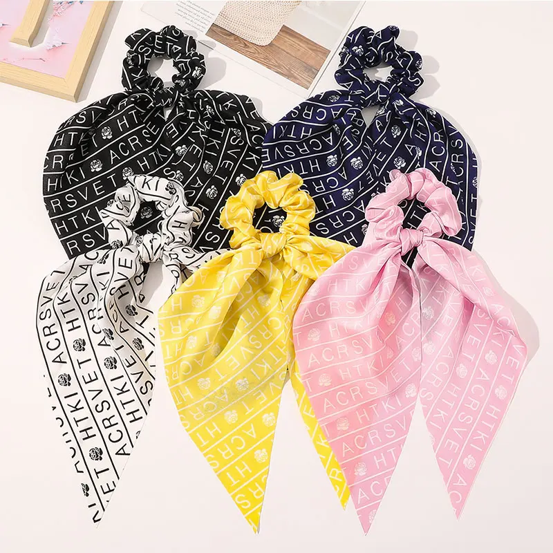 

Floral Print Ribbon Hair Scrunchies 1PC Elastic Hair Bands Long Ribbon Solid Printed Rope Ponytail Holder Hair Accessories