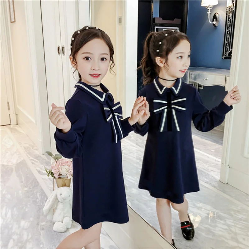Autumn Casual Baby Girls Solid Print Long Sleeve Dress Kids Toddler Bow Design Pageant Dresses 2019 | Детская одежда и обувь