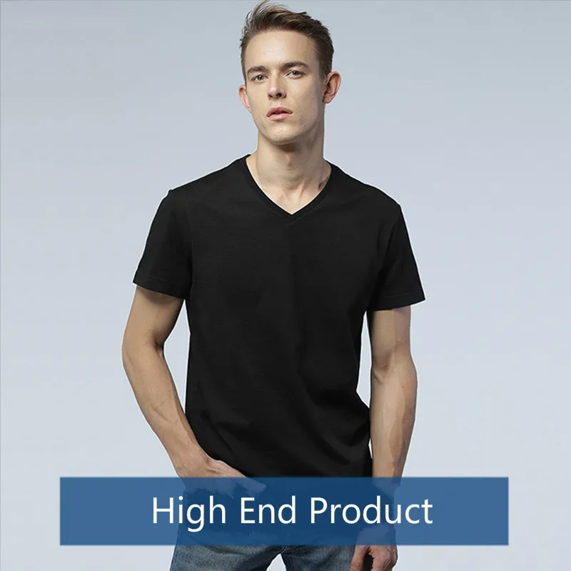 Хлопковая Однотонная футболка Мужская с v-образным вырезом и коротким рукавом