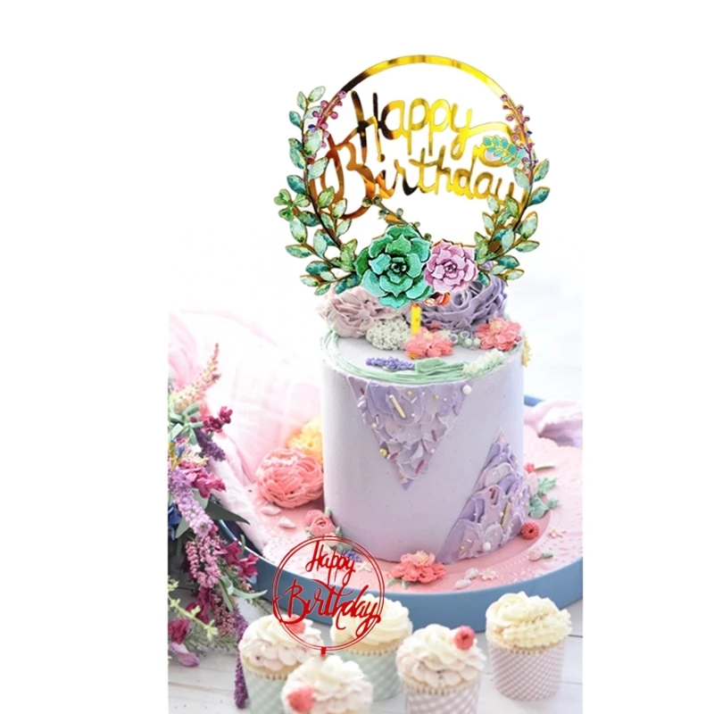 INS Creativity Round Happy Birthday Cake Topper Golden Love Acrylic Toppers For Baby Shower Cakes Decoration Gifts | Дом и сад