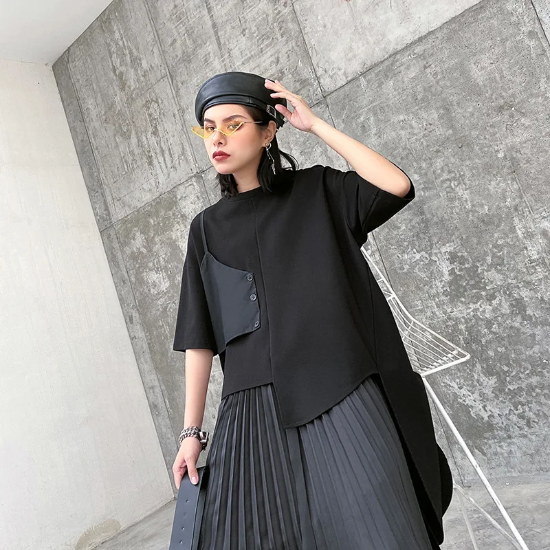 

Plus Size Irregular Hem Summer Tops Women Black T Shirt Oversize Plain Short Sleeve Buttons Patchwork 1 Spaghetti Strap Design