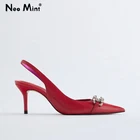 Красный с украшением в виде кристаллов на высоком каблуке с цепочками; Женская обувь 2021 летние женские туфли с ремешком на пятке; Стразы; Женские босоножки с острым носком