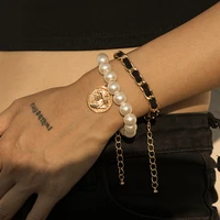 vintage imitation pearl chain bracelets bangles for women punk portrait coin pendant twisted chunky bracelet fashion jewelry