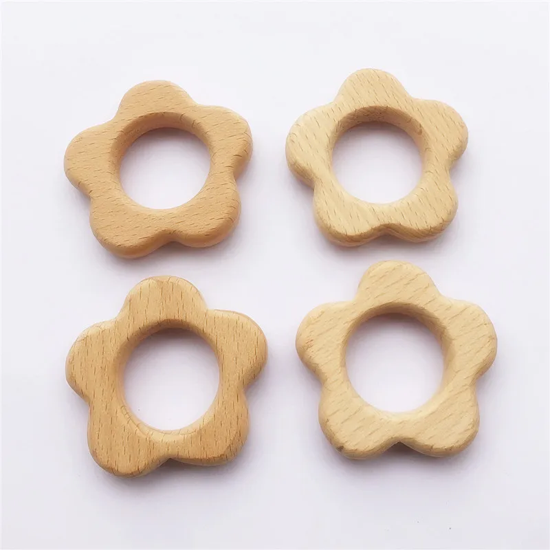 

Chenkai 10pcs Wood Flower Teether Ring DIY Organic Eco-friendly Nature Baby Pacifier Rattle Teething Grasping Wooden Toy