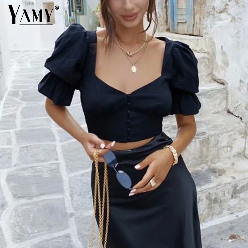 Женская винтажная блузка с коротким рукавом и буффами в стиле ретро | одежда