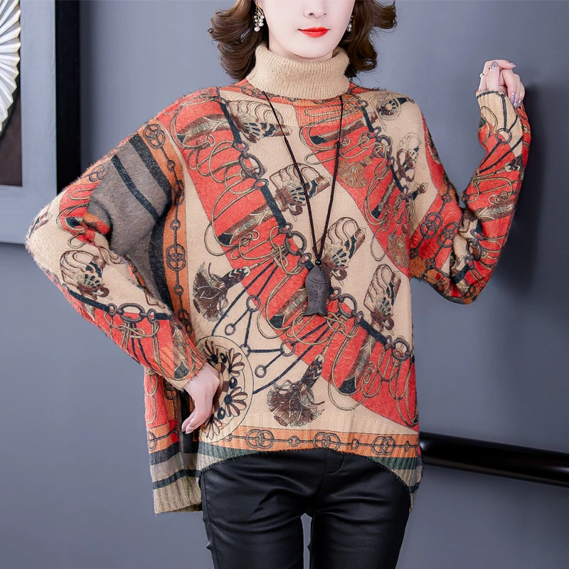 

Женский вязаный свитер в стиле ретро, повседневный свободный свитер с высоким воротником и принтом, винтажные пуловеры, джемперы, Осень-зим...