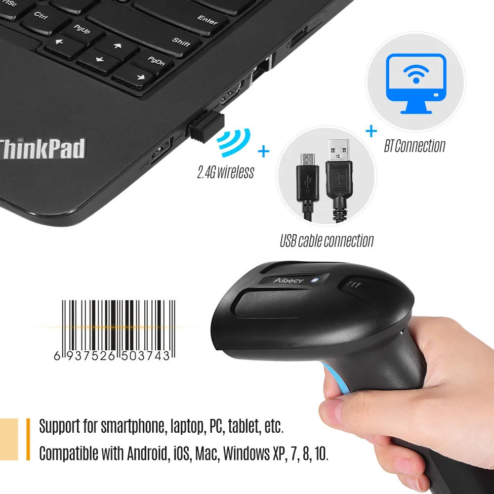 Ручной сканер штрих кодов 3 в 1 BT и 2 4G беспроводной проводной 1D 2D считыватель с USB