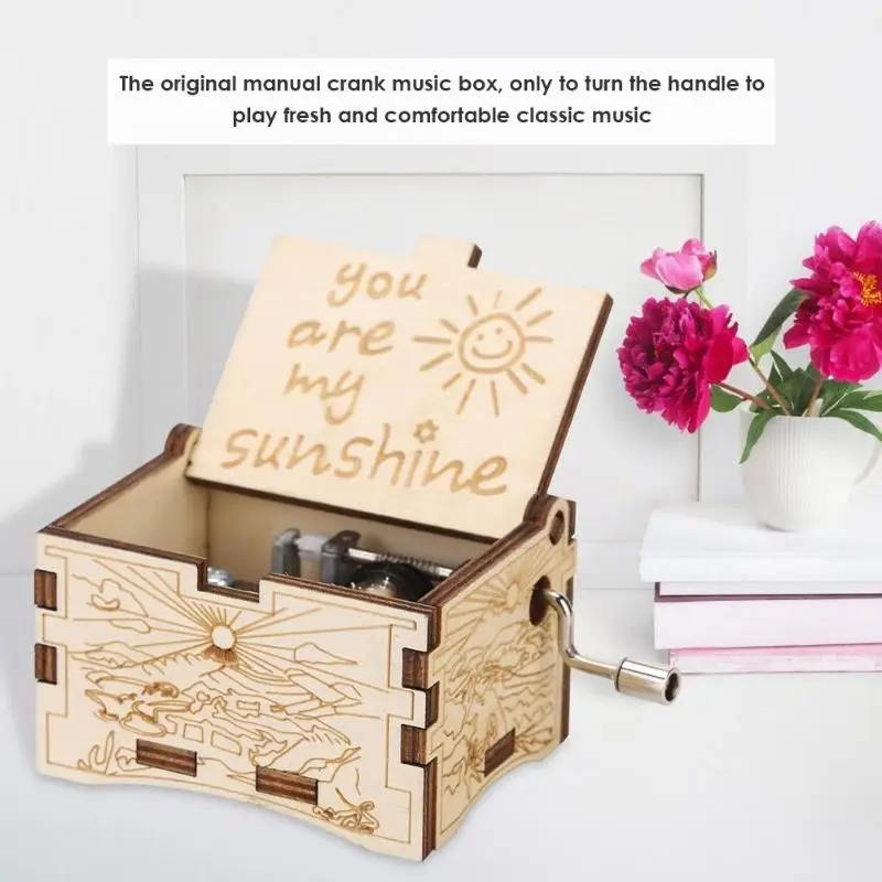 You Are My Sunshine Music Box Creative Engraving Pattern Wooden Hand Cranked Crafts for Birthday Retro Living Room Decoration | Дом и сад