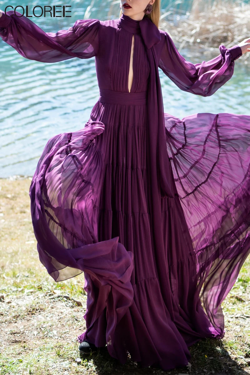

Spring Vintage Purple Pleated Chiffon Long Dresses For Women 2020 Runway Elegant Bow Long Sleeve Maxi Party Dress Female