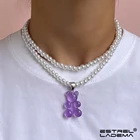 Двухслойное жемчужное ожерелье Y2k конфетных цветов с подвеской в виде медведя из жевательного жемчуга для женщин милая прозрачная подвеска в виде медведя ожерелье ювелирные изделия для воротника