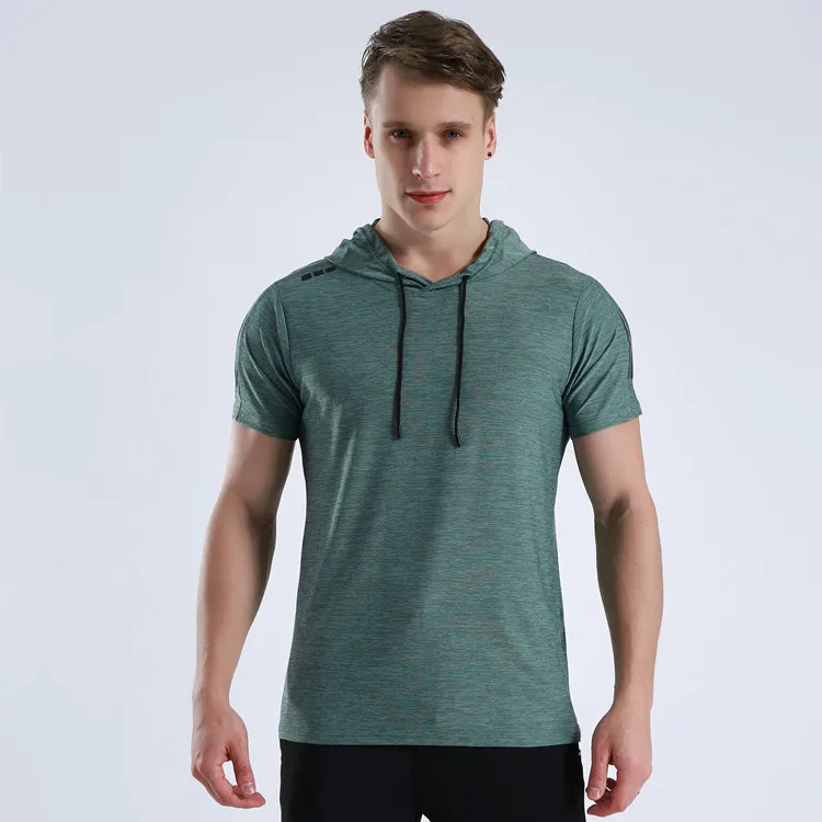 Men Running Hoodie Shirts Fitness Sweatshirt Quick-dry Jersey Gyms Clothing Short Sleeve Training Top Male Sports T Shirt - Цвет: LXM001 green