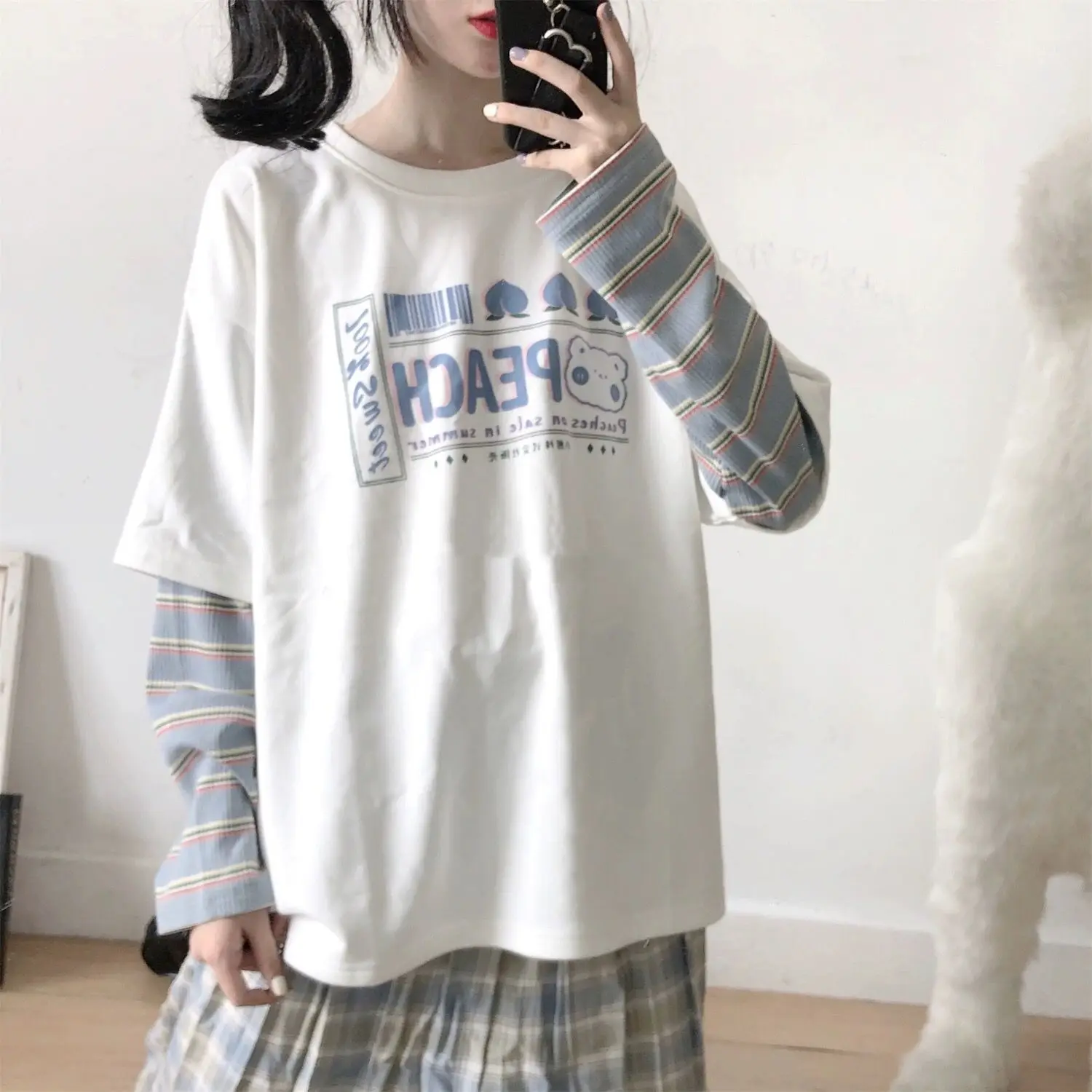 

Japanese Less Woman Sweater Loose Casual Patchwork Fake Two Pieces Cartoon Print Female Sweatshirts 2021 Sweatshirts Kawaii S-2X