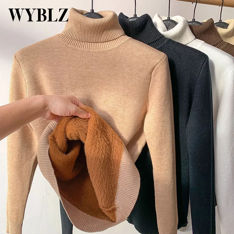 

WYBLZ Casual Turtleneck Knitted Sweater Woman 2021 Winter Warm Pullovers Knitwear Slim Fleece Lined Warm Sweater Base Shirt New