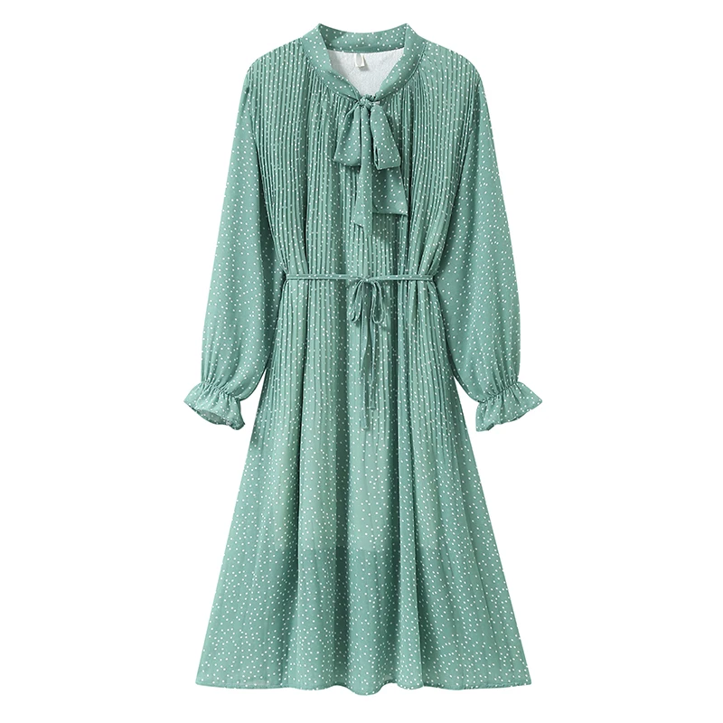 

2021 New Spring Floral Print Women Dress Bow Collar Lace Up Female Pleated Dress Summer Party Midi Chiffon Vestidos femme