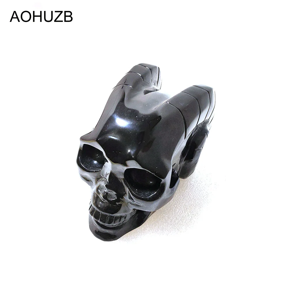 

Black Obsidian Crystal Carving Wholesale Natural Stone Skulls Carving With Sheep Horns Energy Reiki Healing Room Home Office