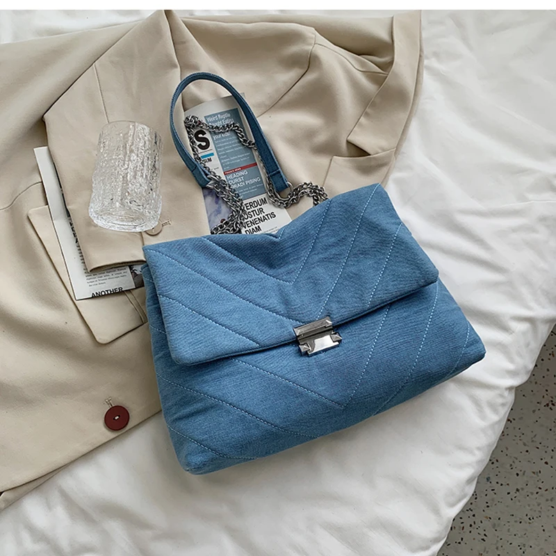 

Large Bag For Women Denim Canvas Crossbody Bags 2021 Woven Chain High Capacity Shoulder Handbag Branded Trending Luxury Designer