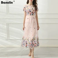 banulin new 2021 women summer fashion runway midi dress short sleeve mesh flower embroidery ladies slim a line dresses