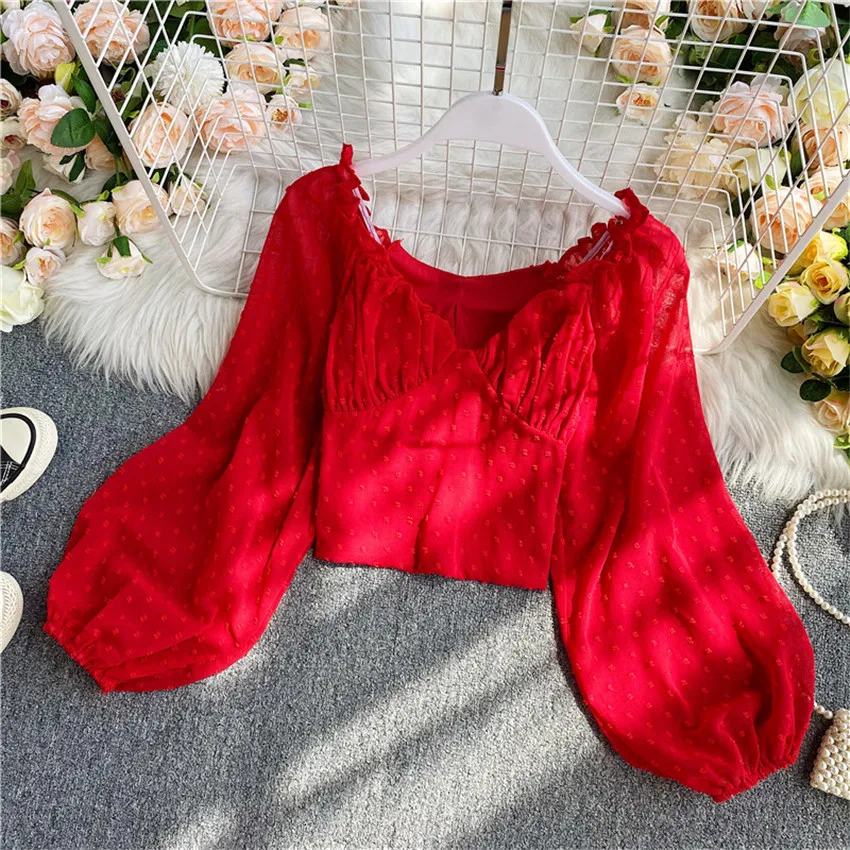 

Elegant Chiffon Blouse White Black Lantern Sleeve Fashion Shirt Women Tops And Blouses 2021 Spring Korean Fashion Shirts Cropped