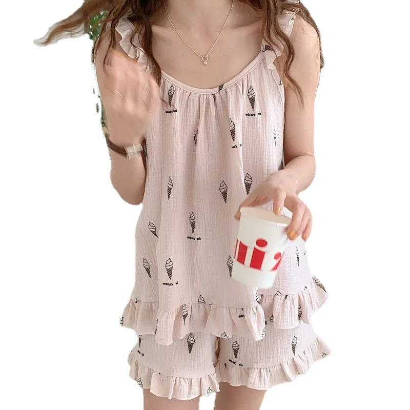 2021 Korea New Summer Ice Cream Printing Skin Cotton Yarn Women's Pajamas Sling Set Home Clothes Female Sleepwear Nightwear