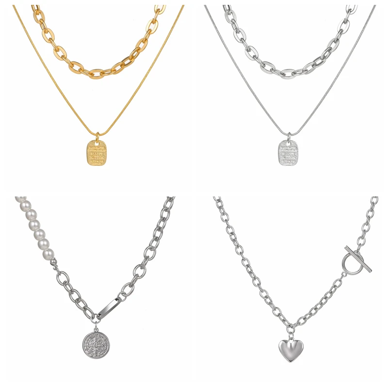 

KISS WIFE Vintage Multilayerd Pearl Simple Necklace For Women Heart Coin Pendant Chain Necklace 2021 Trend Fashion Jewelry Gifts