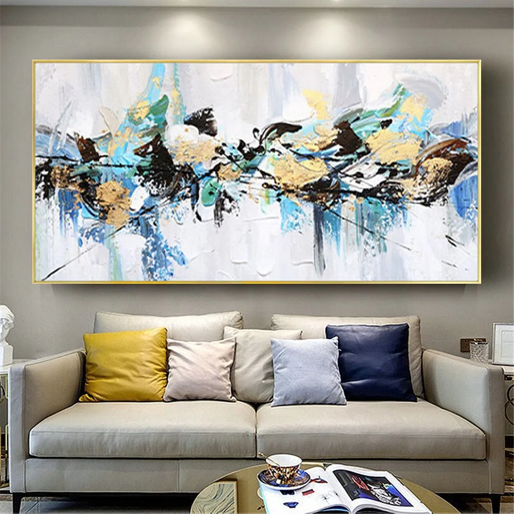 

100%Hand Painted oil painting abstract gold foil texture blue canvas painting in modern home living room decor painting wall art