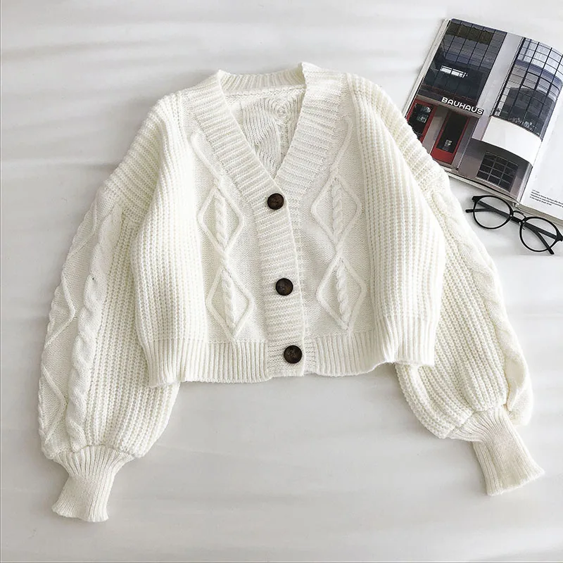 

New Women Button Up Sweater Fashion Autumn Winter V Neck Single-breasted Crop Sweaters Woman Korean Oversize Short Cardigan