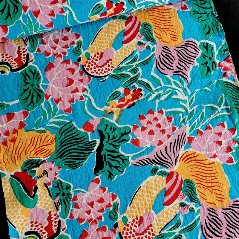 

CF646 Blue/Red Goldfish Manual Weaving Fabrics 100% Cotton Fabrics Handicraft Printing And Dyeing Coarse Fabric Table Clothes