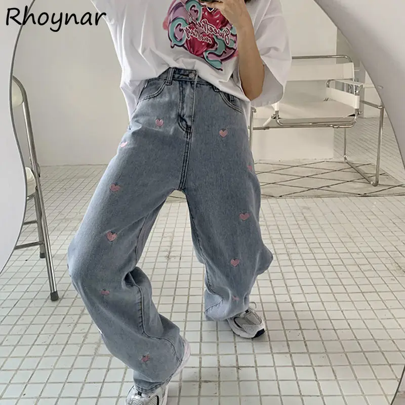 

Jeans Women Korean Style Heart Embroidery Lovely Harajuku Loose Streetwear Denim High Waist Y2K Straight Trousers Female Summer