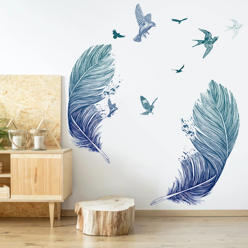 

Creative blue Flying feathers wall stickers for home porch bedroom living room background wall decoration self-adhesive sticker