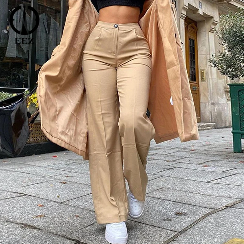 

Casual Loose High Waist Flared Pants Streetwear Khaki Wide Leg Lady Trousers Office Sexy Slim Zip cargo pants women Solid Color