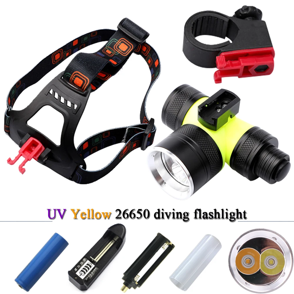 Налобный фонарь водонепроницаемый желтый свет УФ дайвинг налобный 18650 lampe