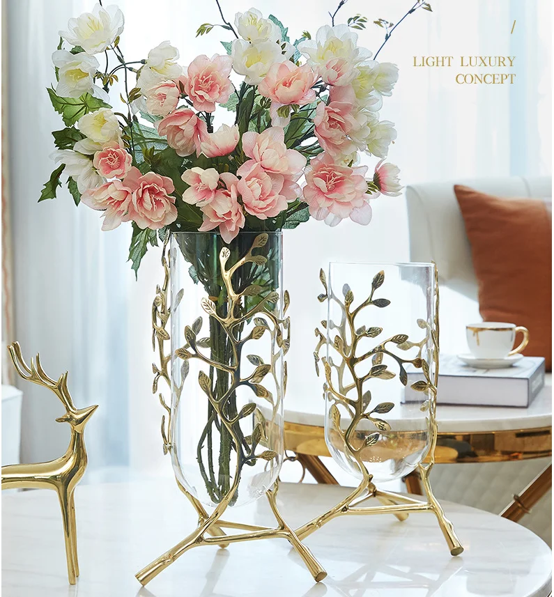 

Латунная стеклянная ваза в европейском стиле, украшения для цветов, украшение для гостиной, гостиной, телевизора, кабинета, американское ук...