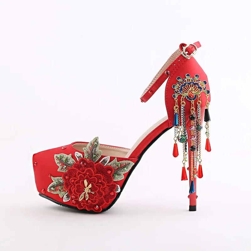 Женские свадебные туфли с бахромой красные летние на высоком каблуке|Женские