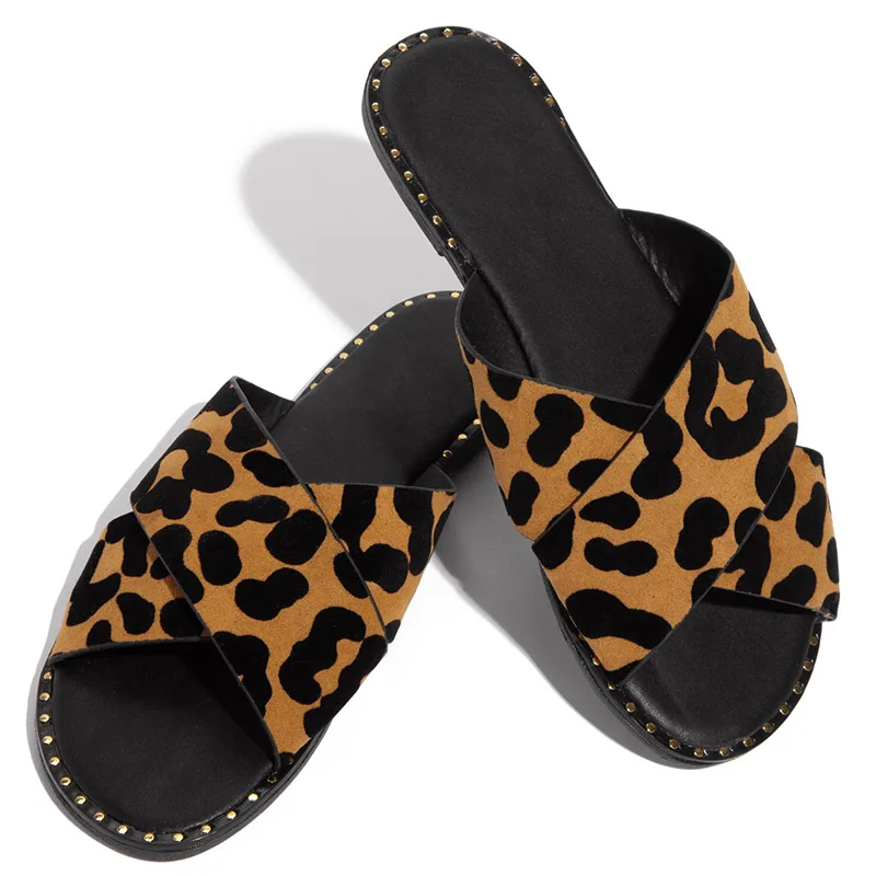 

Summer Cross Slippers Leopard Style Black Sandals Women Flat Sandals Beach Shoes Casual Slipper Female Travel Womens Flats Shoe