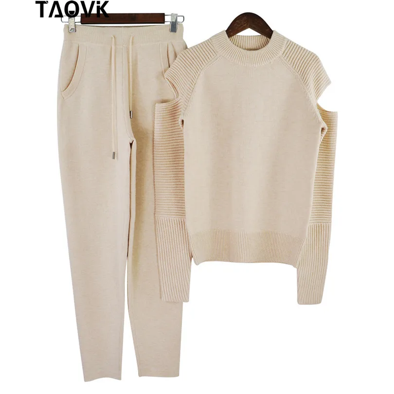 Apricot TAOVK стильный мягкий вязаный комплект, теплая Женская трикотажная одежда с открытыми плечами и рукавами, свитер, свободные штаны, костюм из 2 предметов, наряды для женщин - Цвет: Apricot