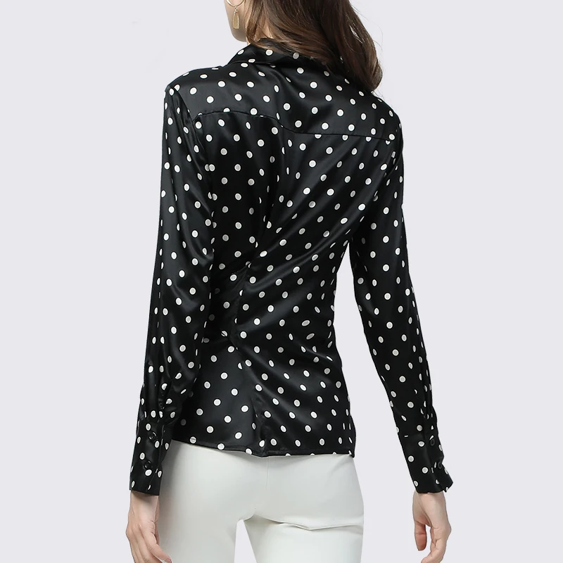 

100% Real Silk Women' Shirt Wine Red Polka Dots Printed Long Sleeve POLO Neck Tops Plus Size Fashion Korean Autumn Office Blouse