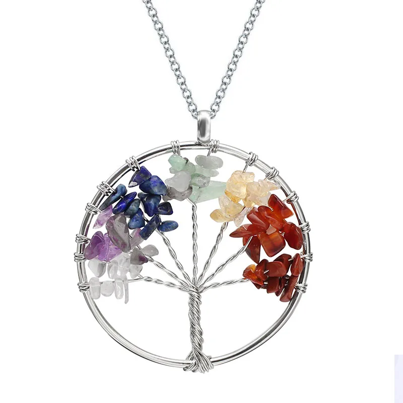 

Milangirl Tree of Life Pendant Necklaces High Quality Copper with Colorful Crystal Natural Stone Winding Hoop Women Necklace