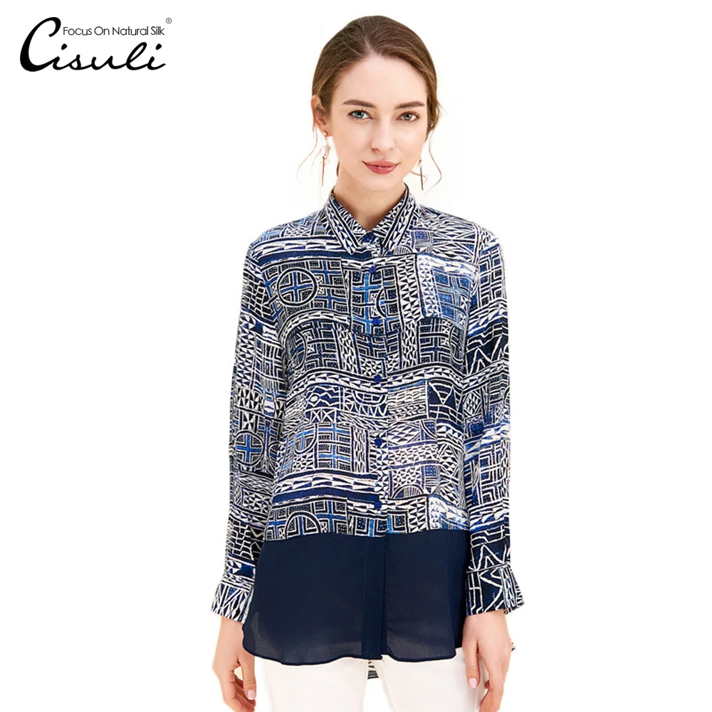 

CISULI 100% Silk Long Shirt Grande Taille Femme Long Sleeve Printing Vintage Blouse New Desigual Elegant Blouse/Camicia Donna