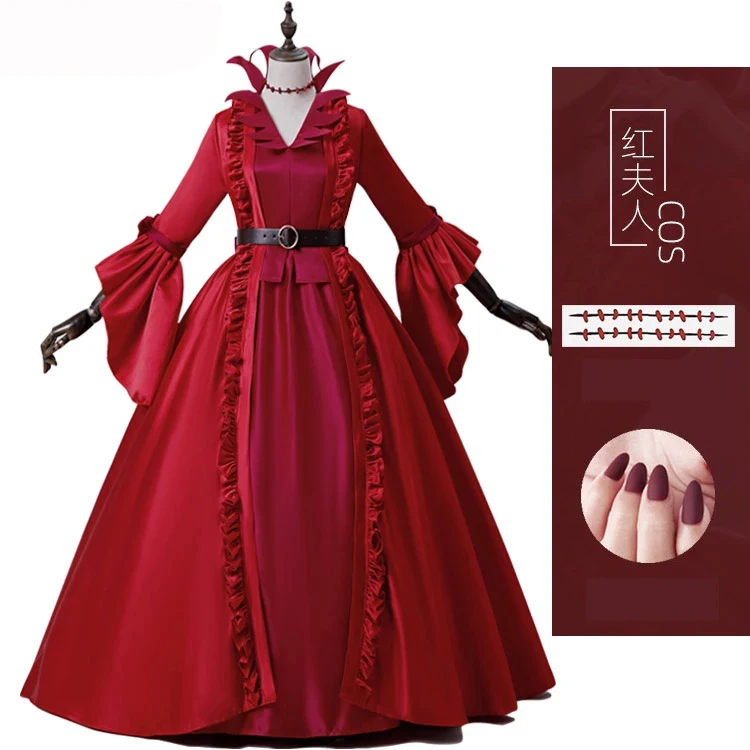 

Game Identity V Crimson Mrs. Red Mary Red Monitore Lolita Cosplay Wig Hair Costume Halloween Suit For Women Outfit Dress Shoes