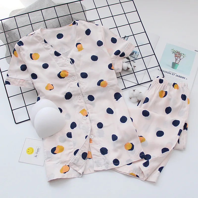 

2021 Summer New Ladies V-Neck Cardigan+Pants Pajamas Set Printed Women Comfort Sleepwear Soft Thin Homewear With Chest pad