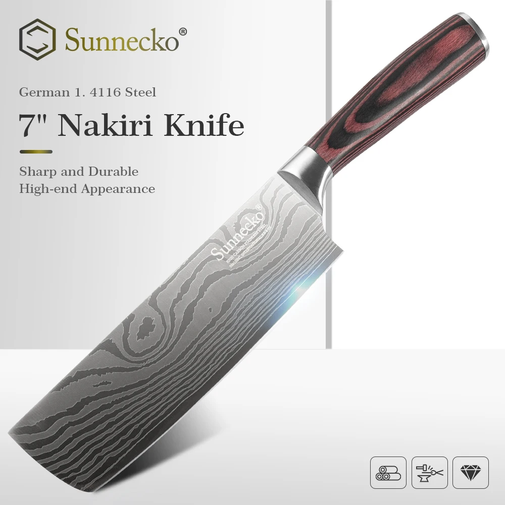 

Нож шеф-повара SUNNECKO, настольное лезвие из нержавеющей стали с лазерной шлифовкой, лезвие из дамасской стали, кухонные ножи с деревянной ручк...
