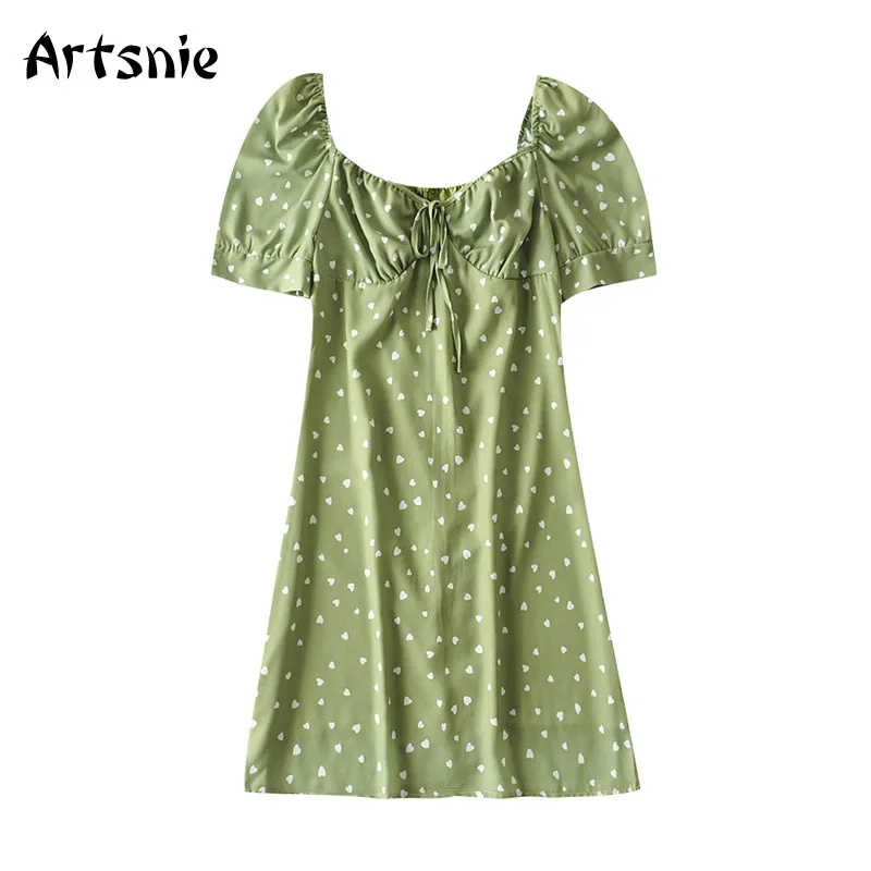 

Женское платье-трапеция Artsnie green, винтажное мини-платье с высокой талией и квадратным вырезом, с пышными рукавами, на шнуровке, на лето