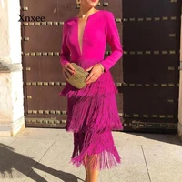 rose red long sleeves tassels women midi dress deep v neck sexy patchwork with zipper female date out fashion spring 2020 new