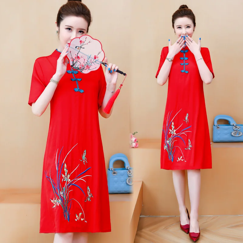 

Женское винтажное платье Ципао, элегантное красное платье в китайском этническом стиле с цветочной вышивкой и коротким рукавом, лето 2021